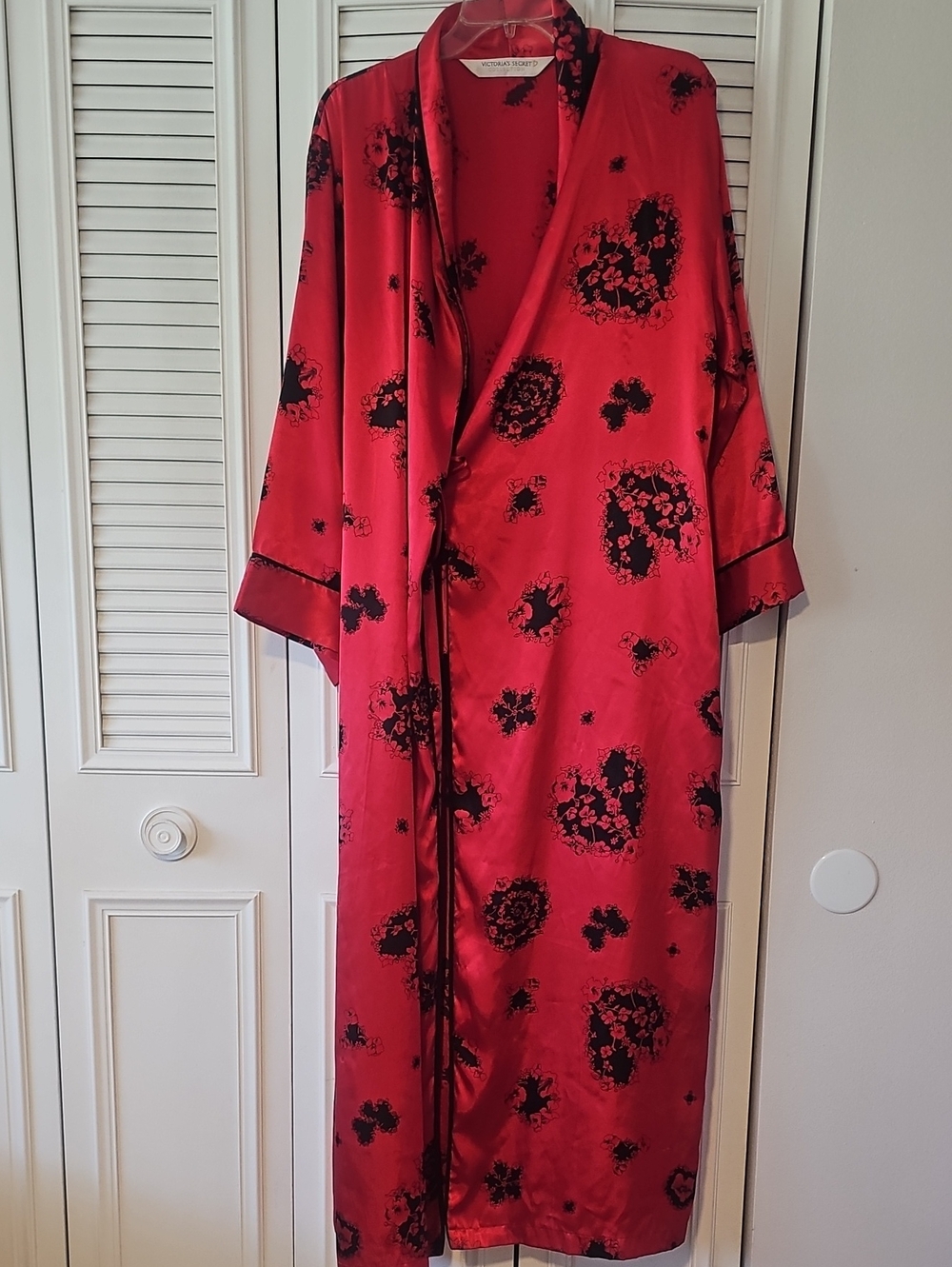 Victoria's Secret Red Satin Floral Long Robe with Black Print